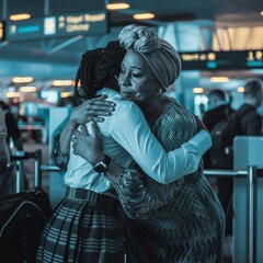 A middle-aged woman in a headwrap hugs her adult daughter at the airport arrival gate. The lighting is dramatic and emotional. 