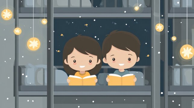 Kids reading books at night in a library during snowfall with star shaped lights - Powered by Adobe