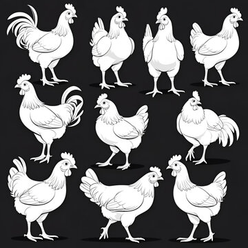Silhouettes of chickens in various poses&mdash;perfect vector set for farm designs, agriculture branding, poultry icons, rural illustrations, and craft projects.