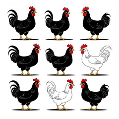 Silhouettes of chickens in various poses—perfect vector set for farm designs, agriculture branding, poultry icons, rural illustrations, and craft projects.