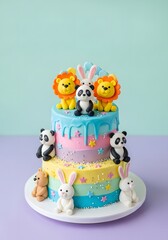 Obraz premium Two-tiered birthday cake with pastel layers and playful animal figurines.