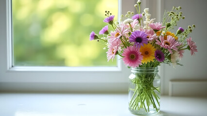 Wildflower Bouquet in Clear Glass Vase by Bright Window – Soft Light and Peaceful Interior Scene

