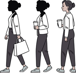 Urban Stroll and Silhouette Trio: A series of illustrations captures a woman navigating urban streets, showcasing her journey through different perspectives and poses.