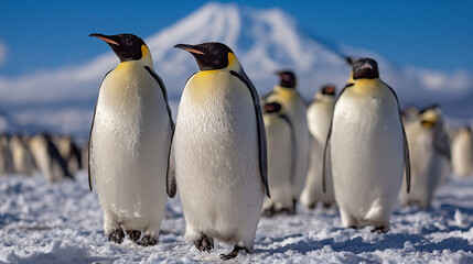Fototapeta premium Many penguins are walking on an iceberg with snowy mountains in the background, arctic environment, clear blue sky