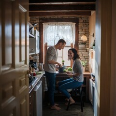 A couple cooks dinner together in a small apartment kitchen, laughing and bumping into each other. It’s tightly framed and naturally lit, full of warmth.