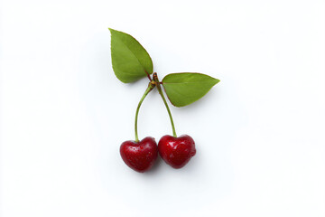 Obraz premium two cherries with leaves on a white surface