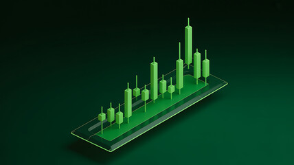 Green candlestick chart showing upward trend on dark background