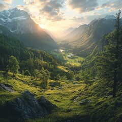 A breathtaking mountain valley at sunset, with lush green forests, rocky terrain, and a peaceful village nestled below majestic peaks.