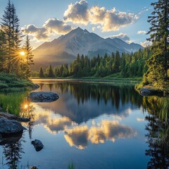 A serene mountain lake at sunset with clear reflections of clouds, trees, and rugged peaks, surrounded by lush greenery and illuminated by golden sunlight.