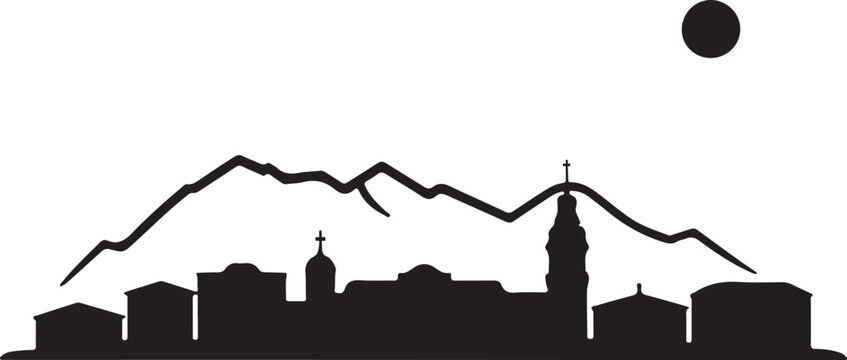 Black Silhouette of Andorra la Vella Skyline with Pyrenees Mountains