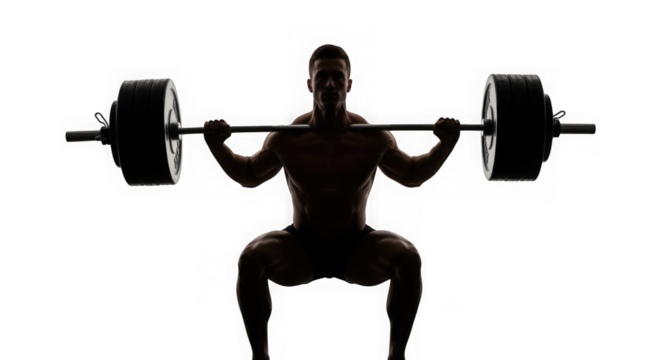 Silhouette of a man performing a barbell squat isolated on transparent background