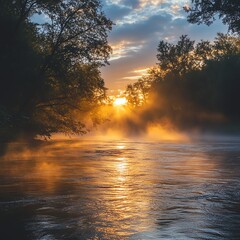 A serene sunrise over a misty river, with trees silhouetted against a colorful sky and golden reflections on the water.