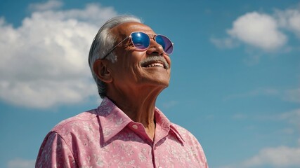 Old Hispanic man wearing pink themed fancy summer outfit looking up on clear sky background, smiling while looking at the sky panoramic view
