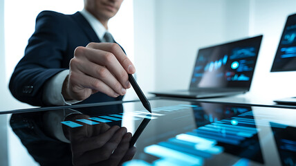 Businessman analyzing financial data on a tablet with laptop and computer in background