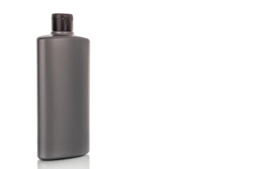 One plastic bottle with shampoo isolated on white background, close-up.