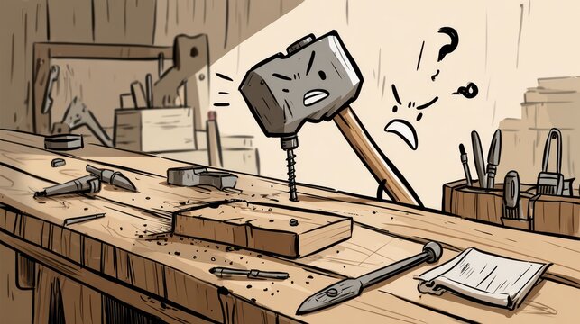 Angry hammer using wrong tool in messy workshop