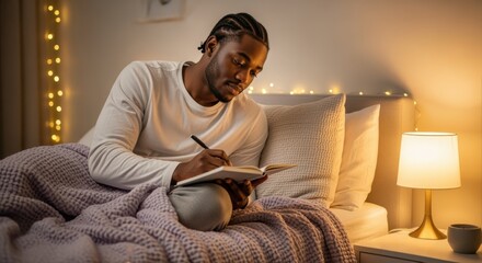 Young man journaling in cozy bedroom at night