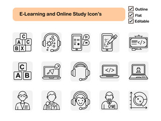 Modern outline icon set for e-learning, online study, distance education, and virtual classrooms. Editable vector EPS file, perfect for web, app, and digital content.