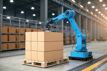 robot arm pick up pallet. Smart warehouse automation