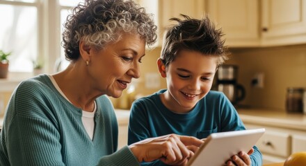 Grandmother and Grandson Using a Tablet Together at Home