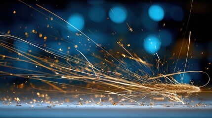 Grinding machine creating sparks on metal surface with blue bokeh background