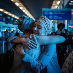 A middle-aged woman in a headwrap hugs her adult daughter at the airport arrival gate. The lighting is dramatic and emotional. 