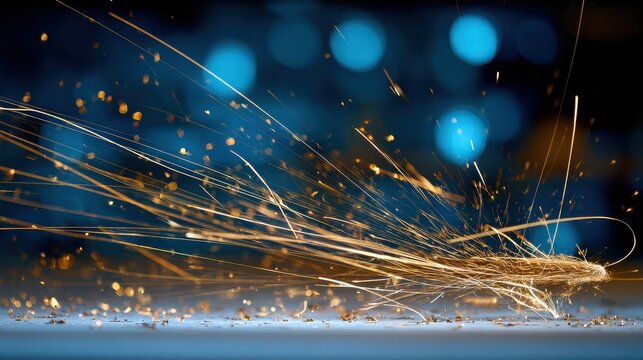Grinding machine creating sparks on metal surface with blue bokeh background