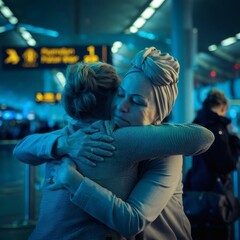 A middle-aged woman in a headwrap hugs her adult daughter at the airport arrival gate. The lighting is dramatic and emotional. 