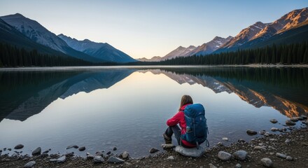 Hiker Resting by Mountain Lake During Sunrise Reflection