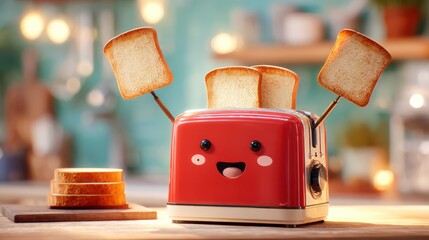 Happy red toaster making toast in a cozy kitchen