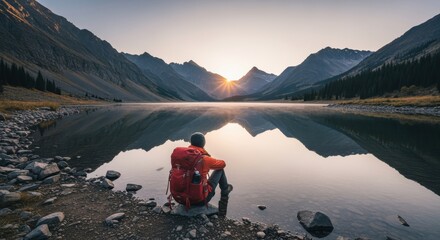 Hiker Resting by Serene Mountain Lake at Sunset