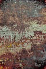 Close-up of a corroded metal surface digitally enhanced with red, yellow, and grey tones, creating a striking industrial abstract texture