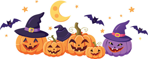 Vector cartoon illustration of a spooky Halloween pumpkin with bats flying in front of a full moon