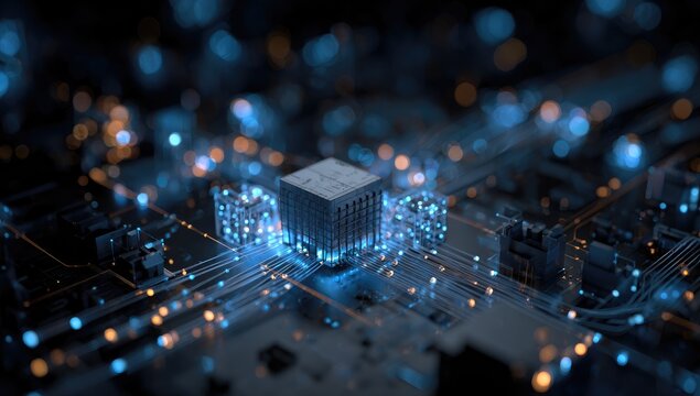Abstract digital circuit board with central cube