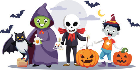 Scary Halloween vector illustration set with pumpkins, a witch, ghosts, and bats