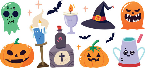 Spooky Halloween icon set with cartoon pumpkins, ghosts, bats, and witches for a scary autumn holiday illustration
