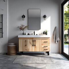 Fototapeta premium Modern wood vanity with black hardware and mirror isolated on white background