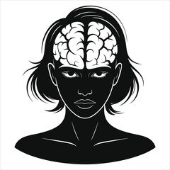Silhouette of Woman with Visible Brain – Black and White Vector Illustration Representing Intelligence, Mental Health, Psychology, Neuroscience, Cognitive Function, Knowledge, and Inner Strength