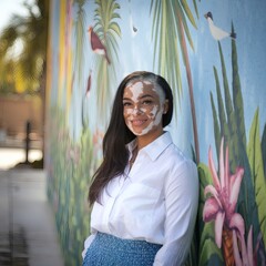 A woman with vitiligo smiles confidently at the camera, standing against a colorful mural. Bold tones and confident posture highlight self-love and visibility.