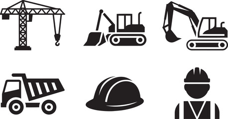 Construction Site Equipment Icons Set Vector Illustration Black and White Silhouette Style Isolated
