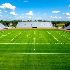 Obraz premium Aerial photo of an empty green football pitch ideal for training ground or game preparation