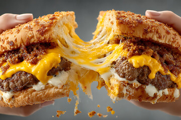 Close up of a delicious juicy cheeseburger being pulled apart revealing melted cheese and savory toppings