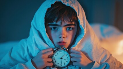 Child under covers holding an alarm clock with a distressed expression. Health Effects of Time Change: Stress, Sleep Disruption, Seasonal Fatigue
