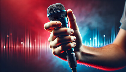 A human hand holding a microphone in the foreground, with a background featuring a blend of red and blue tones. 