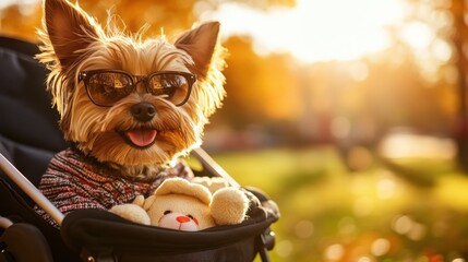 Small dog sitting in a stroller surrounded by plush toys, wearing baby clothes and a pacifier, sunny park background