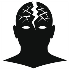 Silhouette of Person with Cracked Head – Black and White Vector Illustration Representing Mental Breakdown, Stress, Trauma, Depression, Anxiety, Emotional Pain, Psychological Struggle, and Burnout