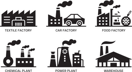 Obraz premium Factory Silhouettes Collection Industrial Buildings Set Manufacturing Plants Vector Illustration