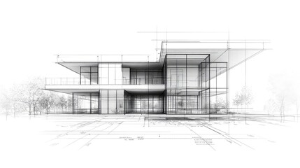 Architectural blueprints rendered in technical line art showing building layouts, elevation plans, and spatial design used in construction, interior design, and engineering visualization.