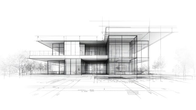 Architectural blueprints rendered in technical line art showing building layouts, elevation plans, and spatial design used in construction, interior design, and engineering visualization.