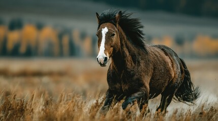 Fototapeta premium Brown horse galloping through golden grass field